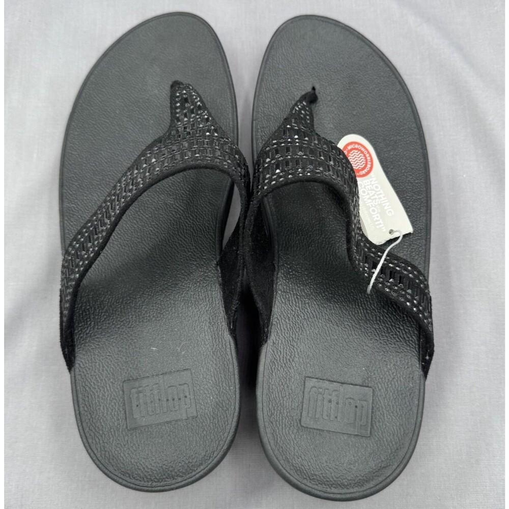 NWT FitFlop Sandal Incastone Toe Thong Black Women's 10 Rhinestone Embellished